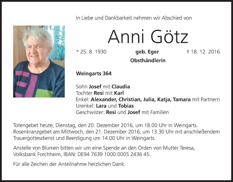  Traueranzeige für Anni Götz vom 20.12.2016 aus MGO