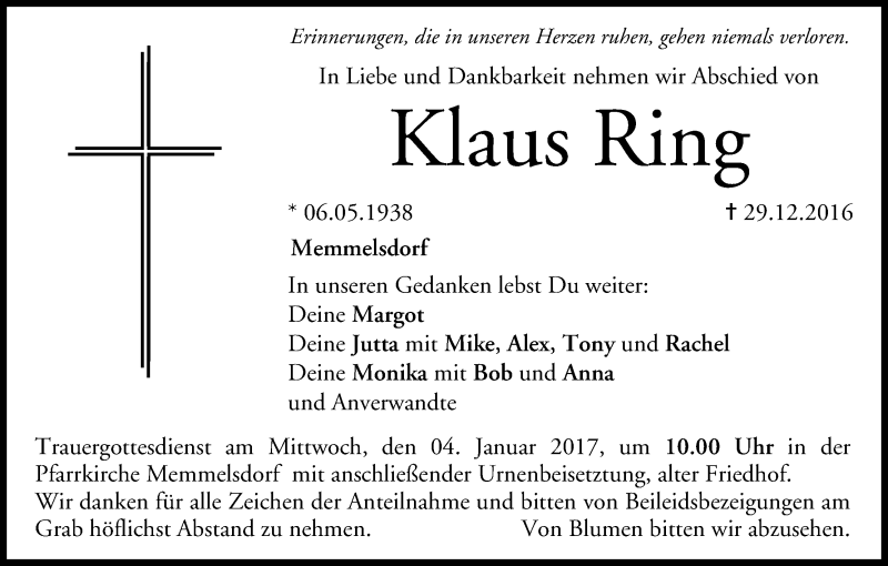  Traueranzeige für Klaus Ring vom 31.12.2016 aus MGO