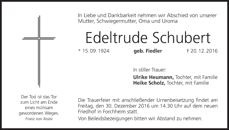  Traueranzeige für Edeltrude Schubert vom 24.12.2016 aus MGO