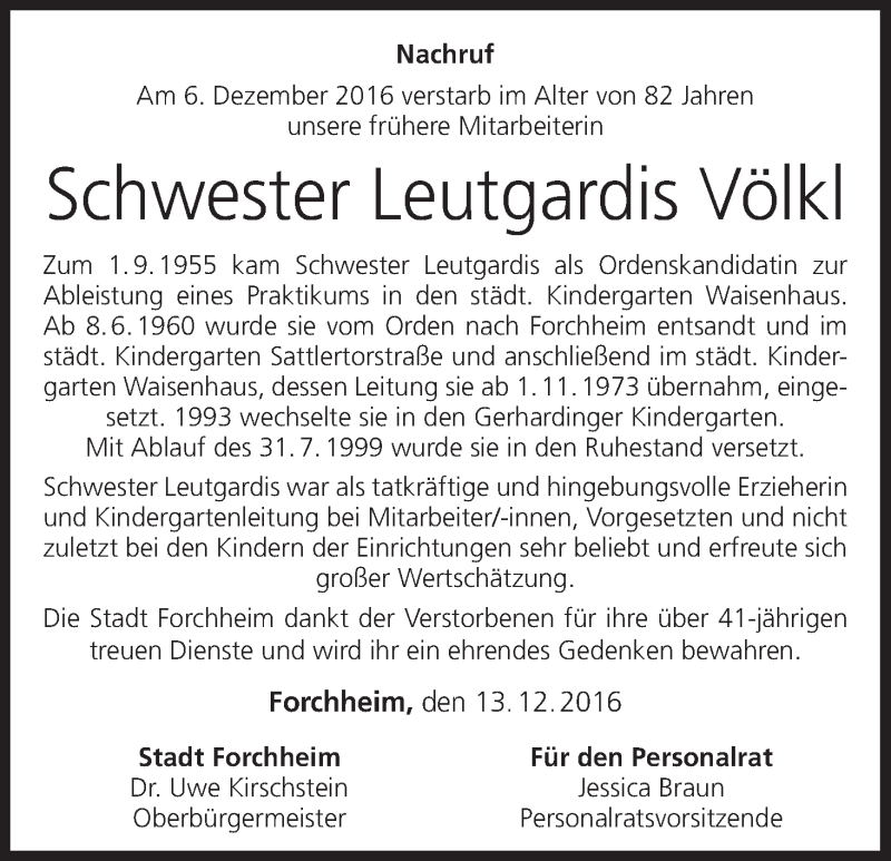  Traueranzeige für Leutgardis Völkl vom 13.12.2016 aus MGO
