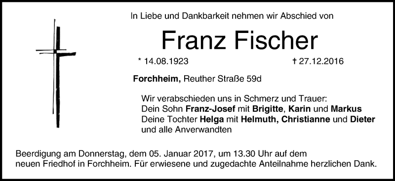  Traueranzeige für Franz Fischer vom 31.12.2016 aus MGO