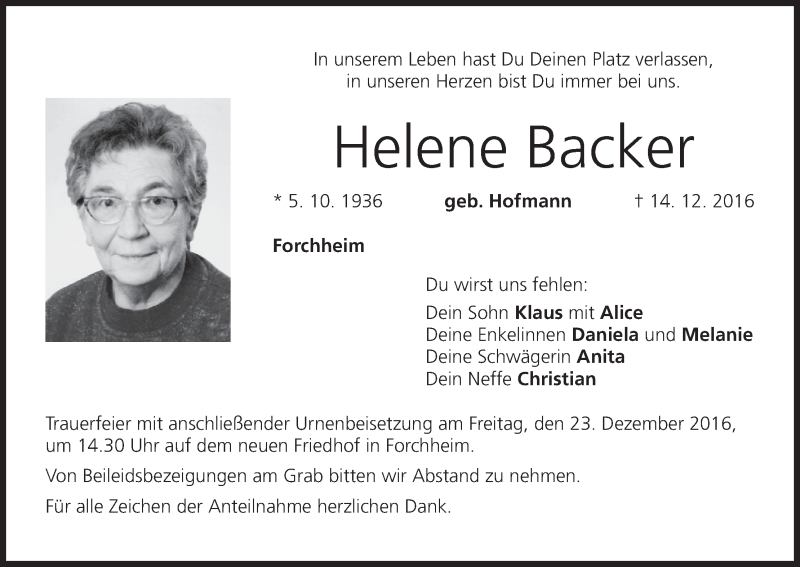  Traueranzeige für Helene Backer vom 19.12.2016 aus MGO