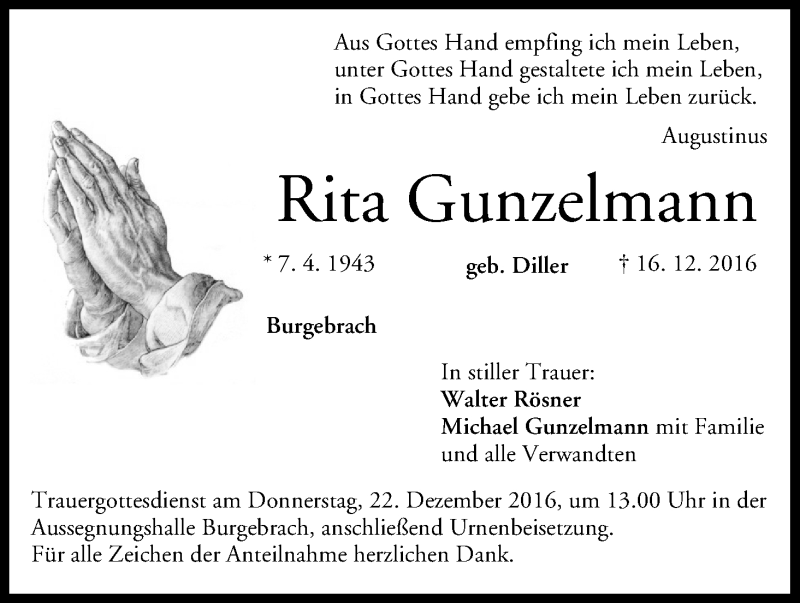  Traueranzeige für Rita Gunzelmann vom 21.12.2016 aus MGO
