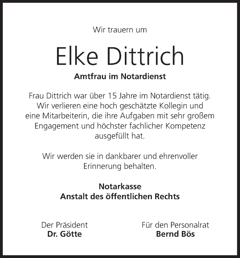  Traueranzeige für Elke Dittrich vom 29.12.2016 aus MGO