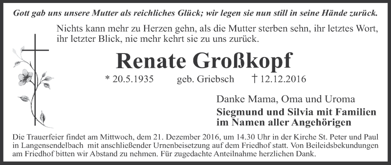  Traueranzeige für Renate Großkopf vom 17.12.2016 aus MGO