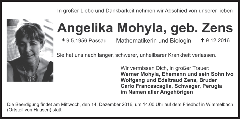  Traueranzeige für Angelika Mohyla vom 13.12.2016 aus MGO
