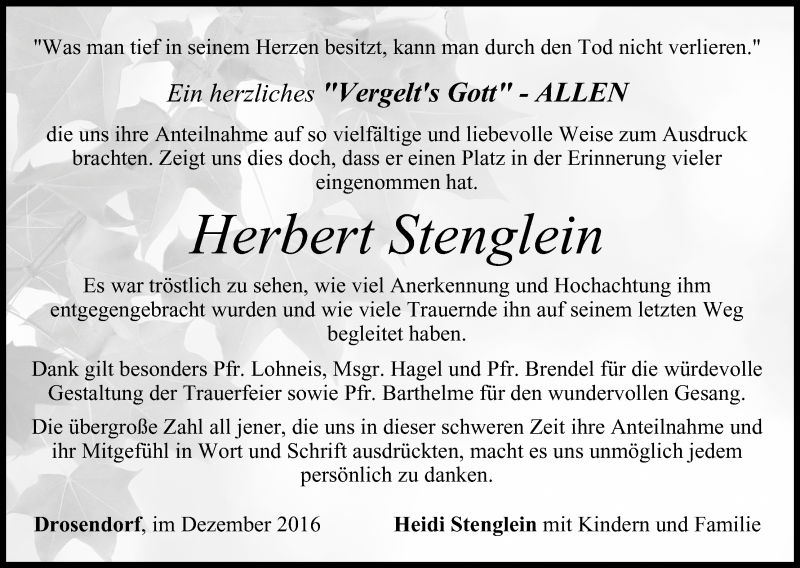  Traueranzeige für Herbert Stenglein vom 03.12.2016 aus MGO