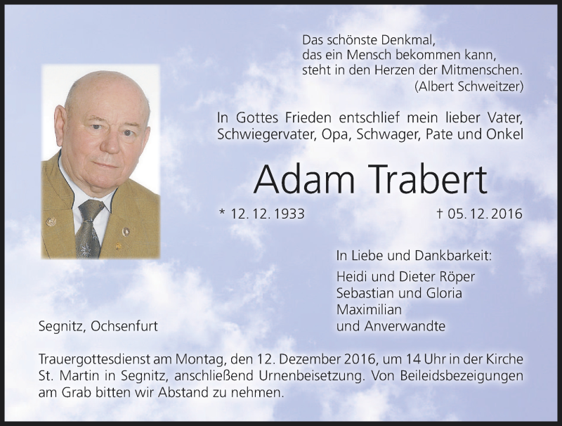  Traueranzeige für Adam Trabert vom 07.12.2016 aus MGO