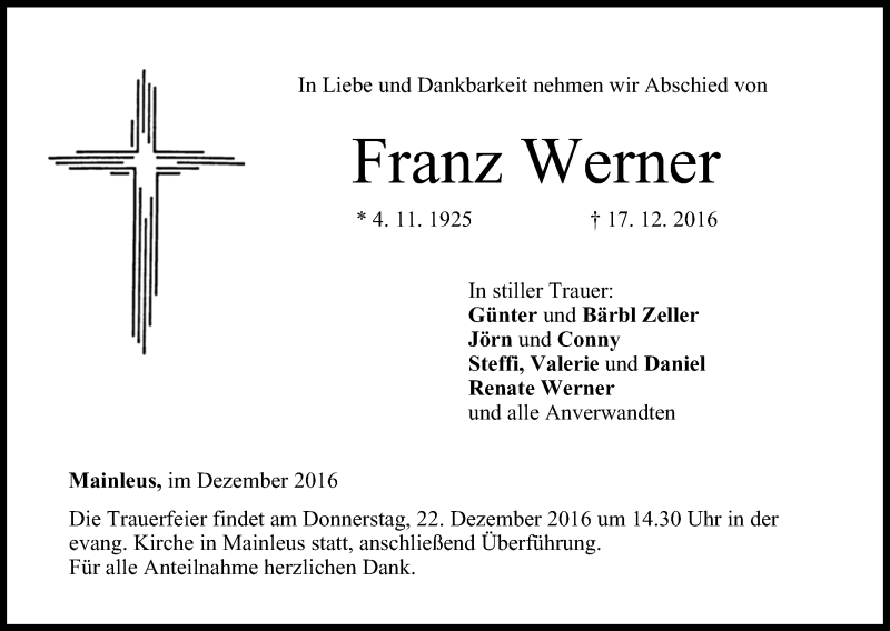  Traueranzeige für Franz Werner vom 20.12.2016 aus MGO