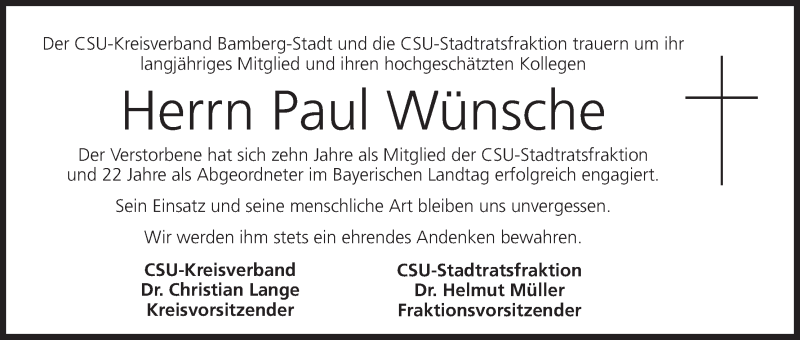  Traueranzeige für Paul Wünsche vom 20.12.2016 aus MGO