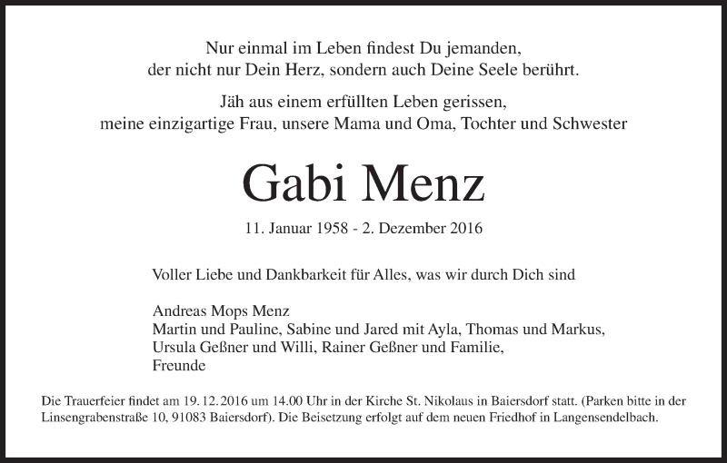  Traueranzeige für Gabi Menz vom 14.12.2016 aus MGO