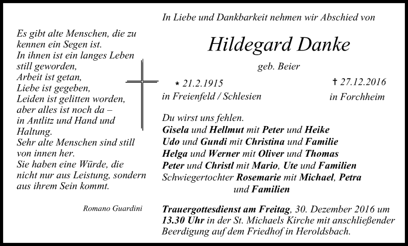  Traueranzeige für Hildegard Danke vom 29.12.2016 aus MGO
