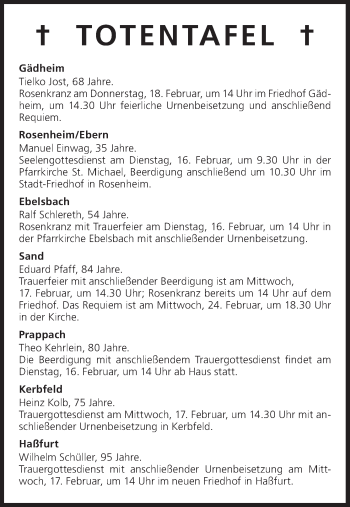 Anzeige von Totentafel vom 15.02.2016 von MGO
