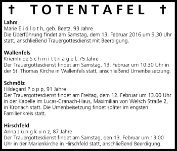 Anzeige von Totentafel vom 12.02.2016 von MGO