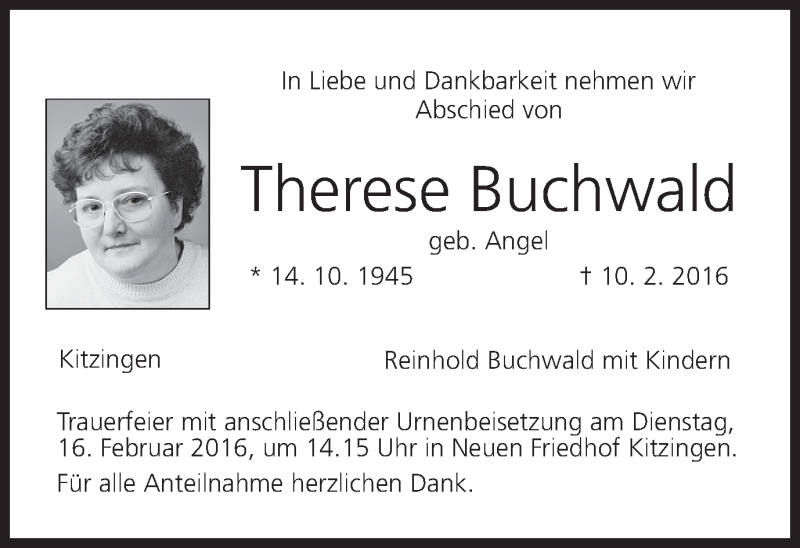  Traueranzeige für Therese Buchwald vom 13.02.2016 aus MGO
