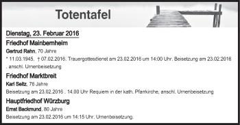 Anzeige von Totentafel vom 23.02.2016 von MGO