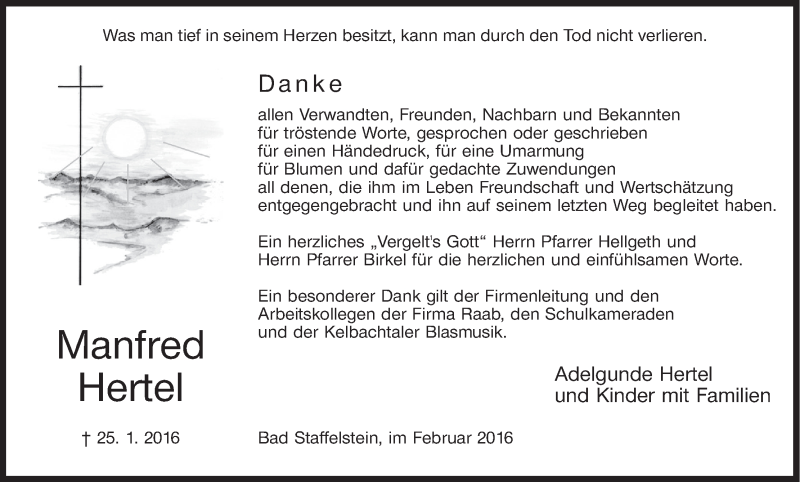  Traueranzeige für Manfred Hertel vom 06.02.2016 aus MGO