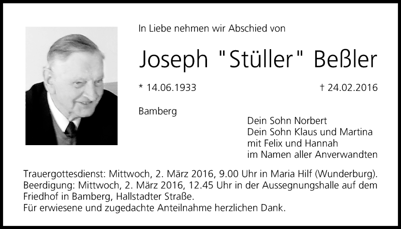  Traueranzeige für Joseph  Beßler vom 27.02.2016 aus MGO