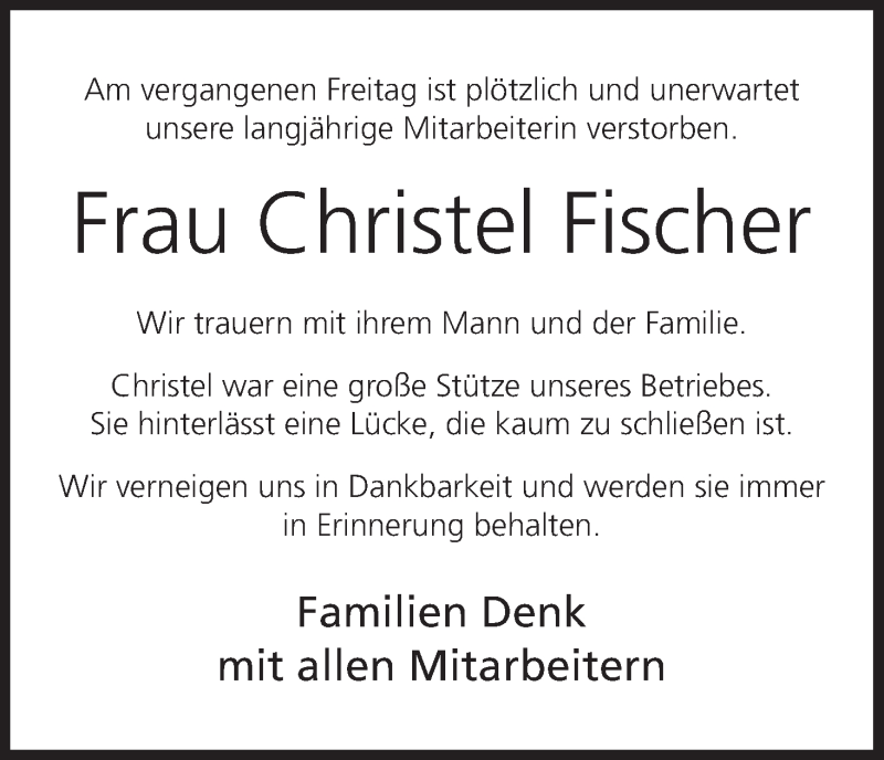  Traueranzeige für Christel Fischer vom 23.02.2016 aus MGO