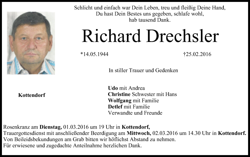  Traueranzeige für Richard Drechsler vom 29.02.2016 aus MGO