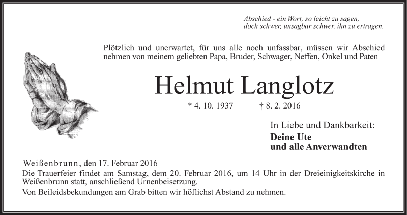  Traueranzeige für Helmut Langlotz vom 17.02.2016 aus MGO