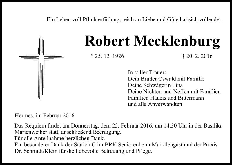  Traueranzeige für Robert Mecklenburg vom 23.02.2016 aus MGO