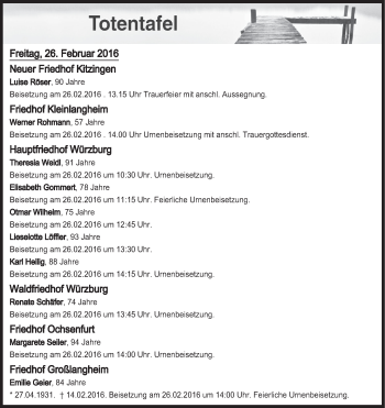Anzeige von Totentafel vom 26.02.2016 von MGO