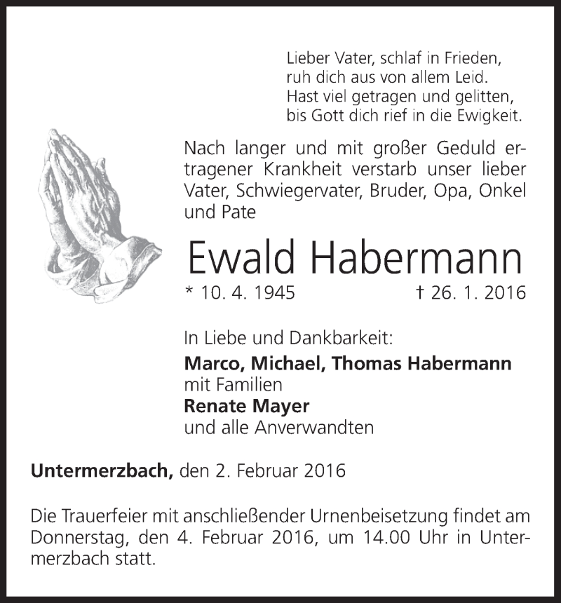  Traueranzeige für Ewald Habermann vom 02.02.2016 aus MGO