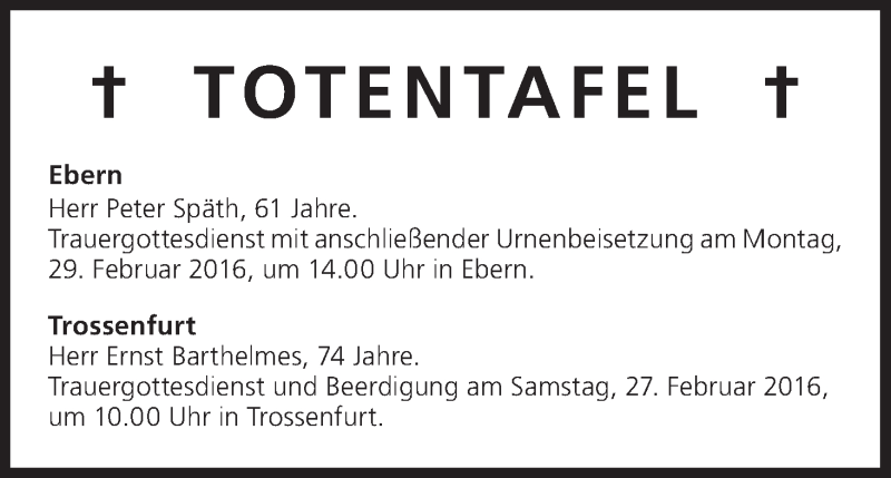  Traueranzeige für Totentafel vom 27.02.2016 vom 27.02.2016 aus MGO