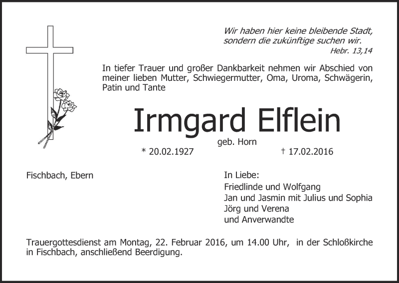  Traueranzeige für Irmgard Elflein vom 20.02.2016 aus MGO