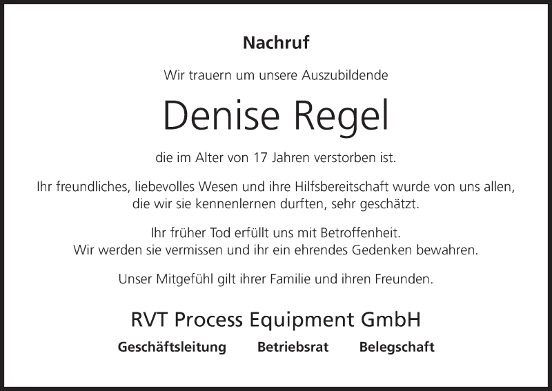  Traueranzeige für Denise Regel vom 18.02.2016 aus MGO