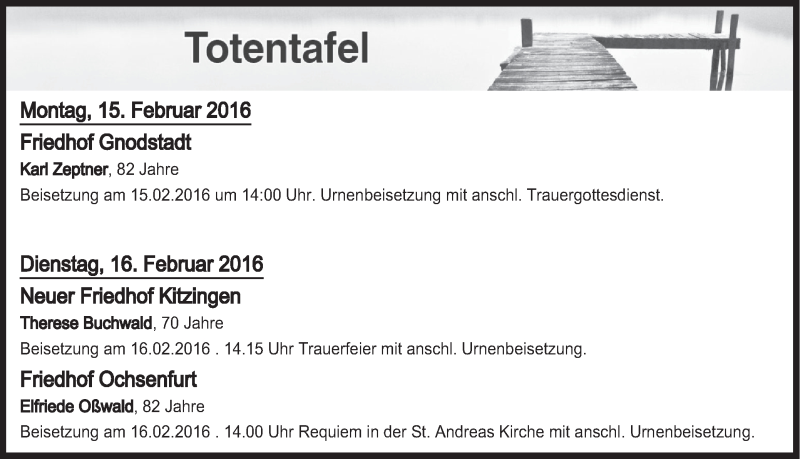  Traueranzeige für Totentafel vom 15.02.2016 vom 15.02.2016 aus MGO