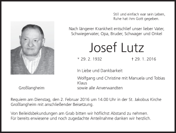 Anzeige von Josef Lutz von MGO