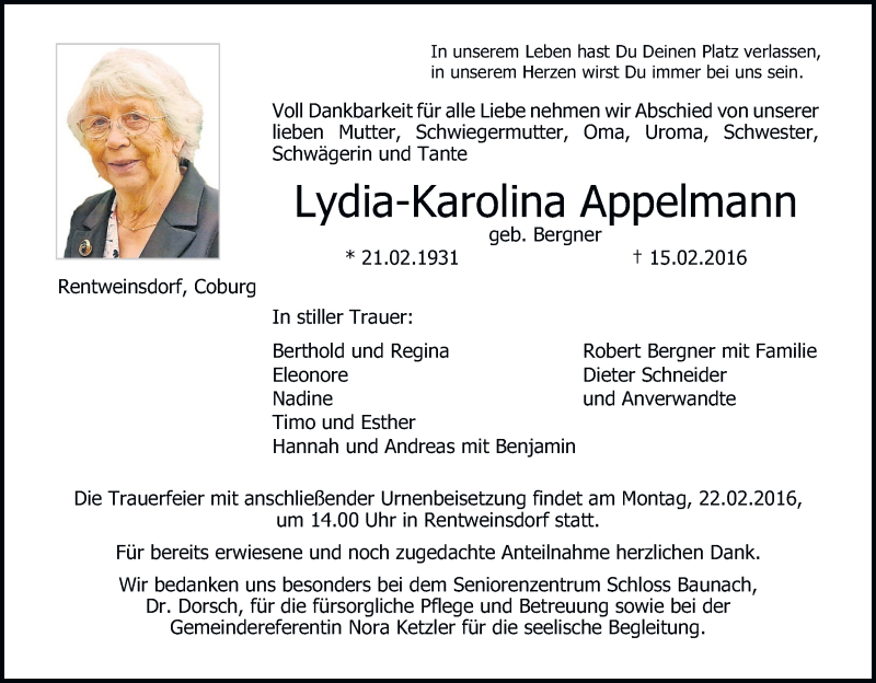  Traueranzeige für Lydia-Karolina Appelmann vom 18.02.2016 aus MGO
