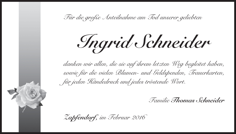  Traueranzeige für Ingrid Schneider vom 06.02.2016 aus MGO