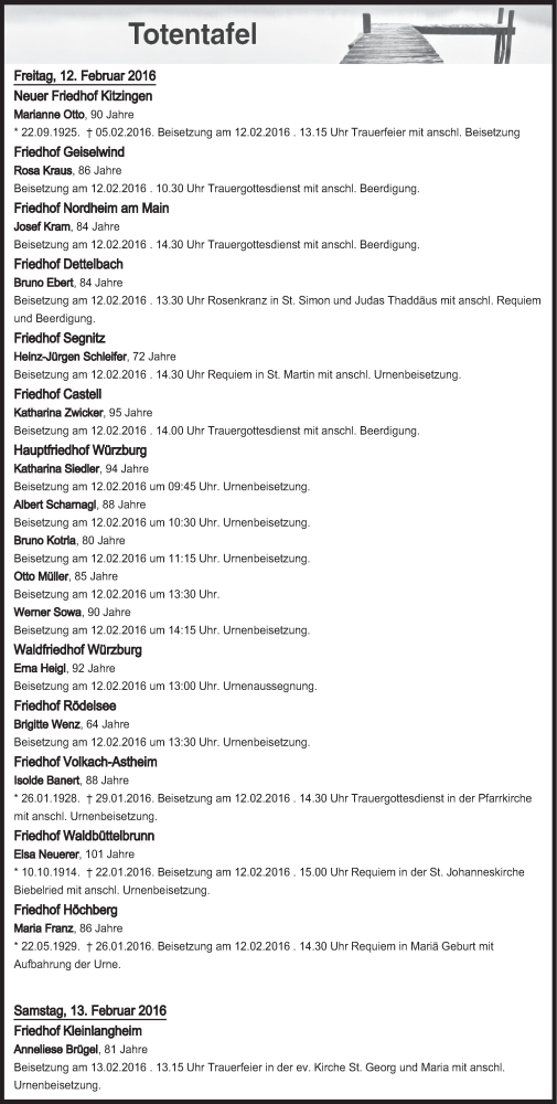  Traueranzeige für Totentafel vom 12.02.2016 vom 12.02.2016 aus MGO