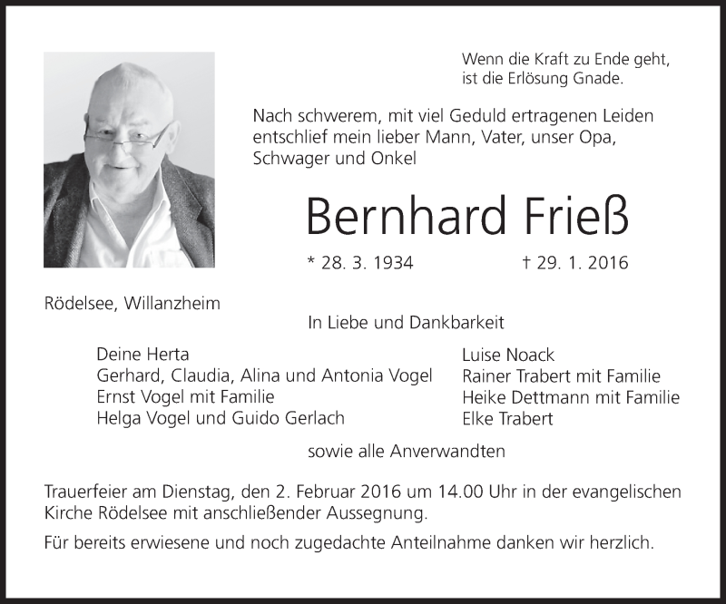  Traueranzeige für Bernhard Frieß vom 01.02.2016 aus MGO