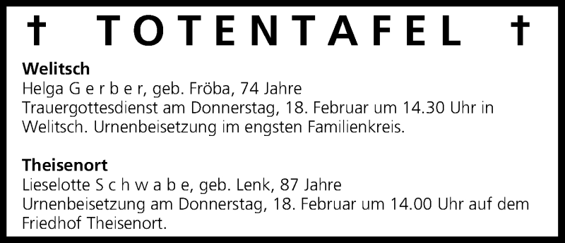  Traueranzeige für Totentafel vom 17.02.2016 vom 17.02.2016 aus MGO