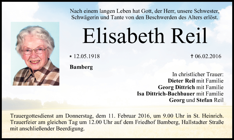  Traueranzeige für Elisabeth Reil vom 09.02.2016 aus MGO