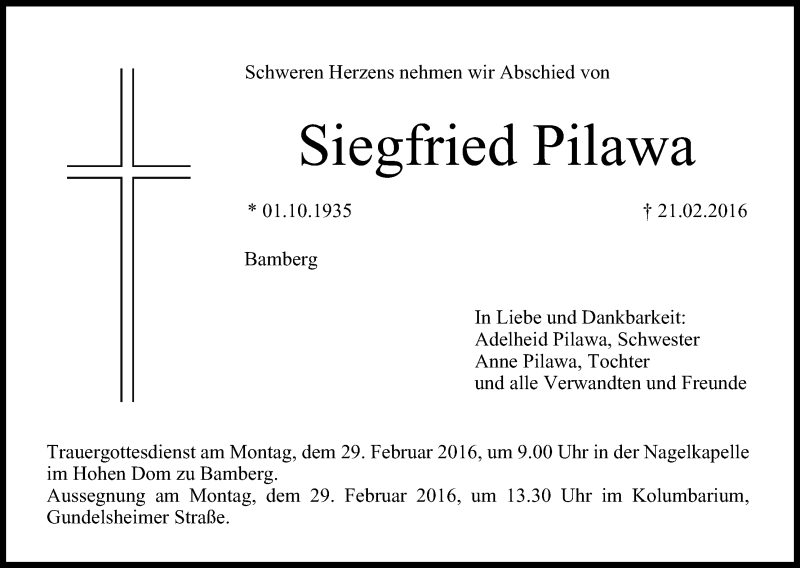  Traueranzeige für Siegfried Pilawa vom 27.02.2016 aus MGO
