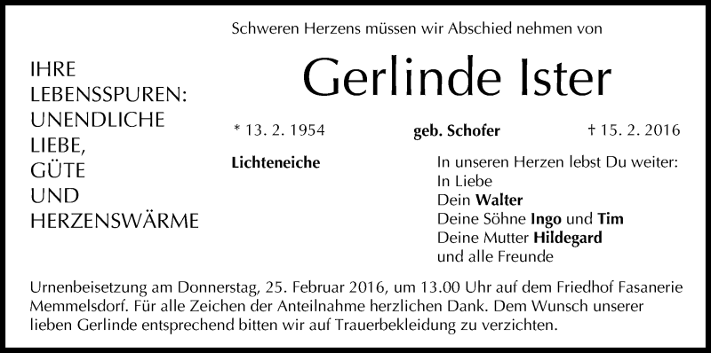  Traueranzeige für Gerlinde Ister vom 20.02.2016 aus MGO