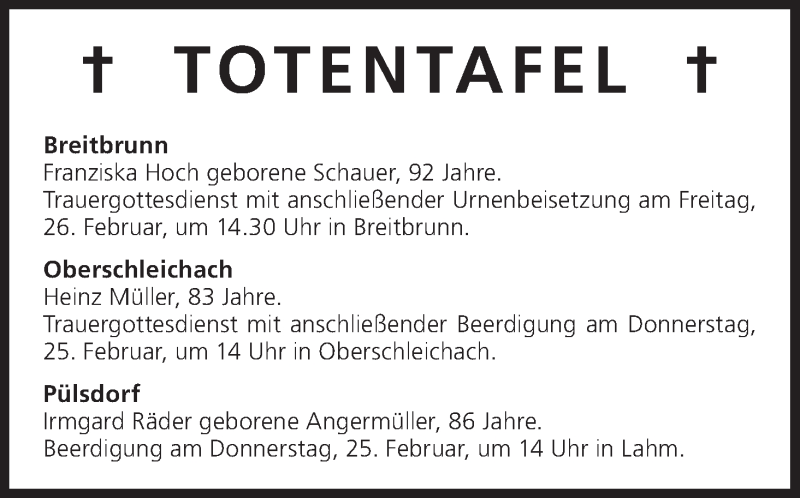  Traueranzeige für Totentafel vom 24.02.2016 vom 24.02.2016 aus MGO