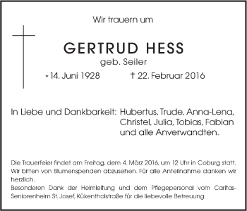 Anzeige von Gertrud Hess von MGO
