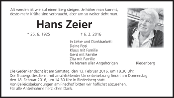 Anzeige von Hans Zeier von MGO
