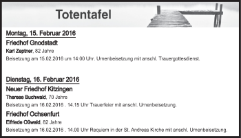 Anzeige von Totentafel vom 15.02.2016 von MGO
