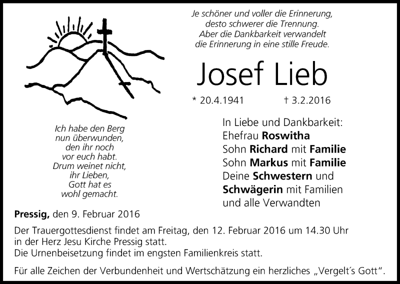  Traueranzeige für Josef Lieb vom 09.02.2016 aus MGO