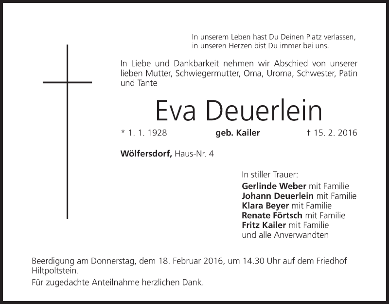  Traueranzeige für Eva Deuerlein vom 17.02.2016 aus MGO