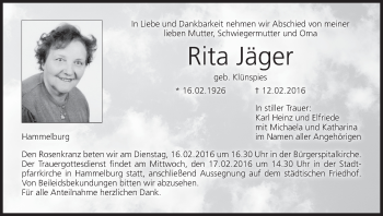 Anzeige von Rita Jäger von MGO