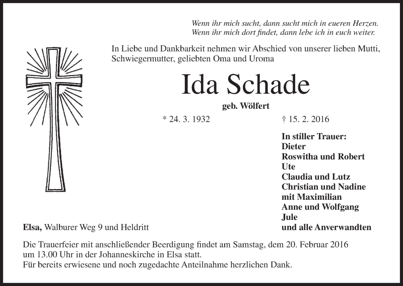  Traueranzeige für Ida Schade vom 19.02.2016 aus MGO