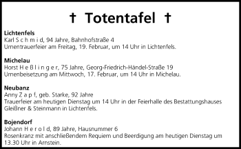 Anzeige von Totentafel vom 16.02.2016 von MGO